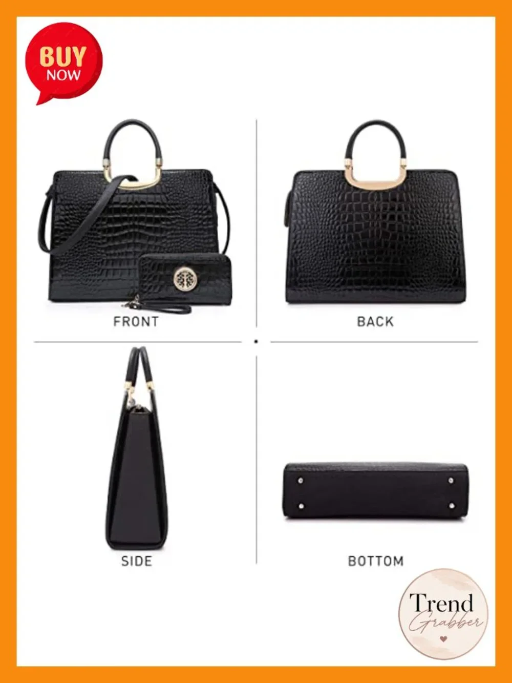 Vegan PU Croco Textured Satchel Tote with Matching Wristlet and Shoulder Strap